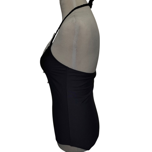 Boutique 1PC Black Swimsuit SMALL Crochet Trim Plunging VNeck Coquette Girl NWOT - Picture 9 of 15